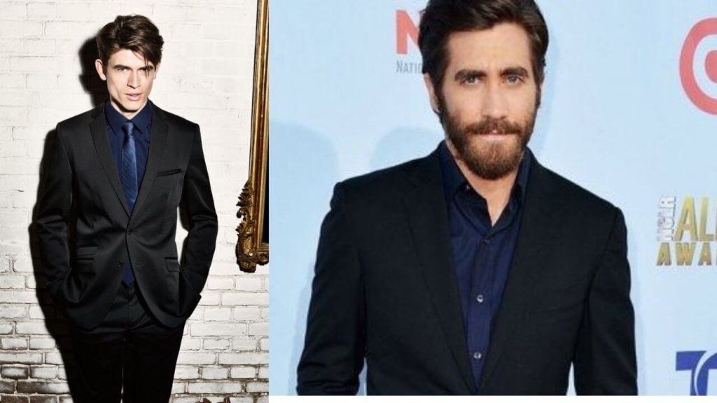 man posing in navy blue shirt and black suit
