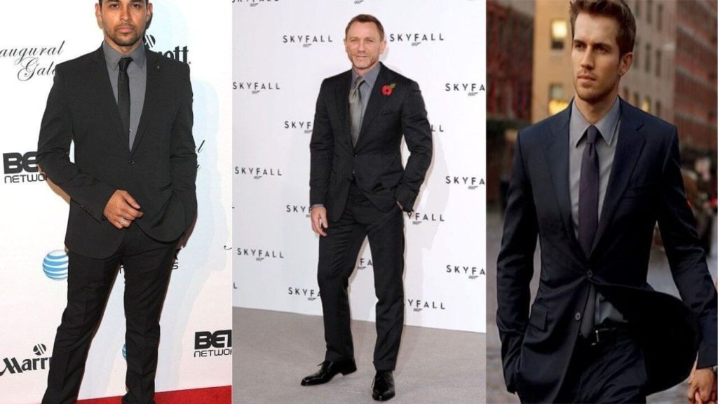 three men showing what color tie to wear with a black suit and gray shirt