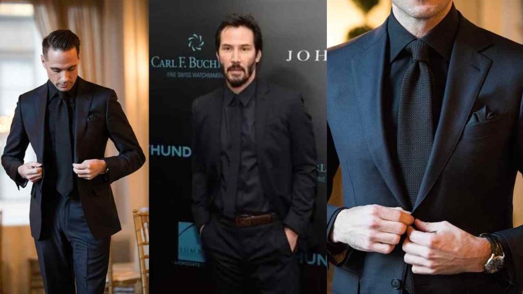 three men wearing a black suit and black shirt with different color tie