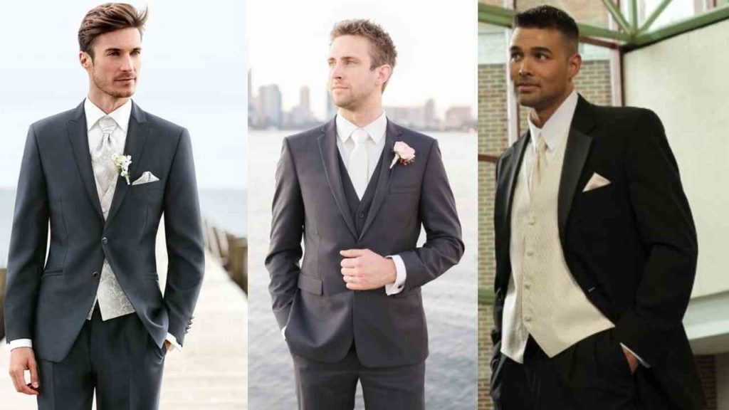 three men wearing a black suit and champagne tie with champagne or black vests