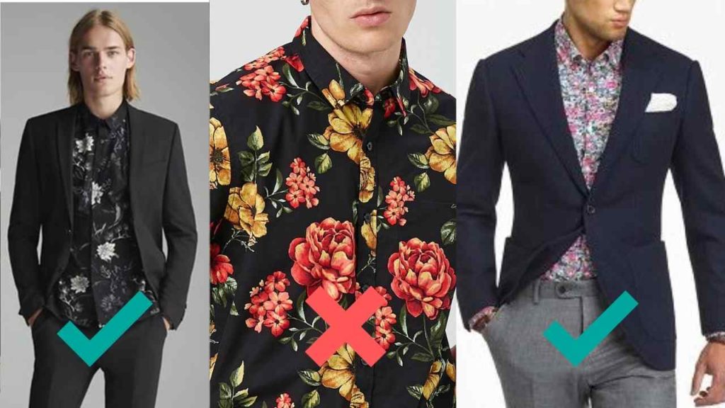 three men wearing floral print shirts with suit