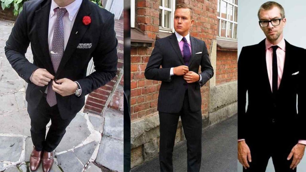 three men wearing black suit with pink shirt and different color ties