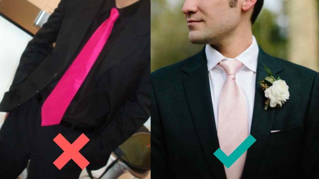 two men wearing black suits with ties of different shades of pink and have crosses and ticks showing the wrong and right combination.