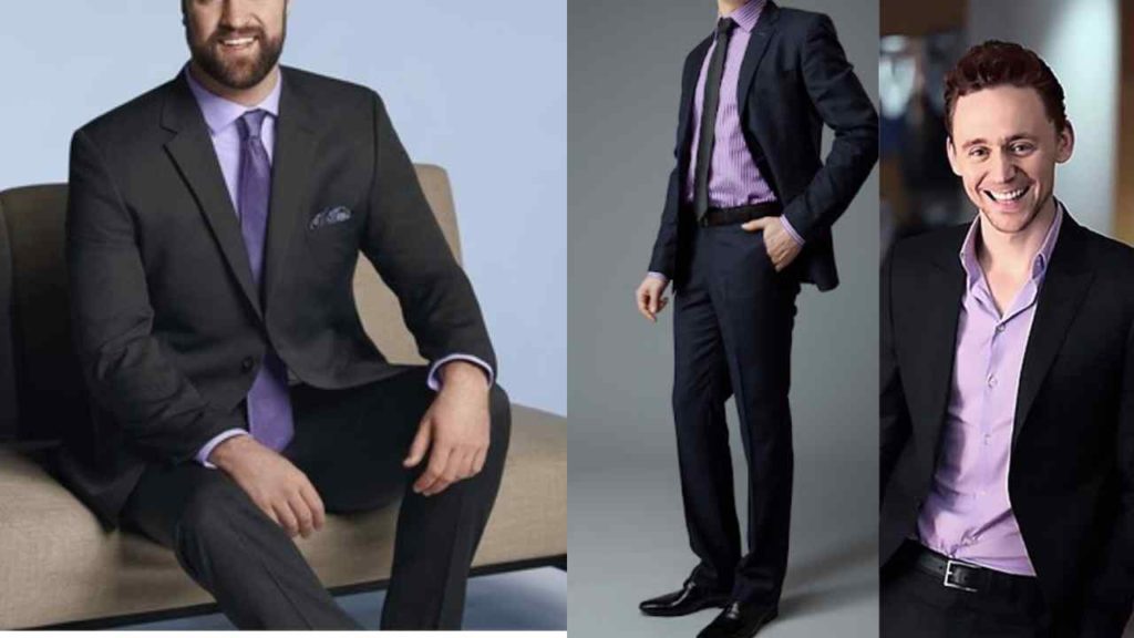three men wearing black suit and purple shirt and different ties