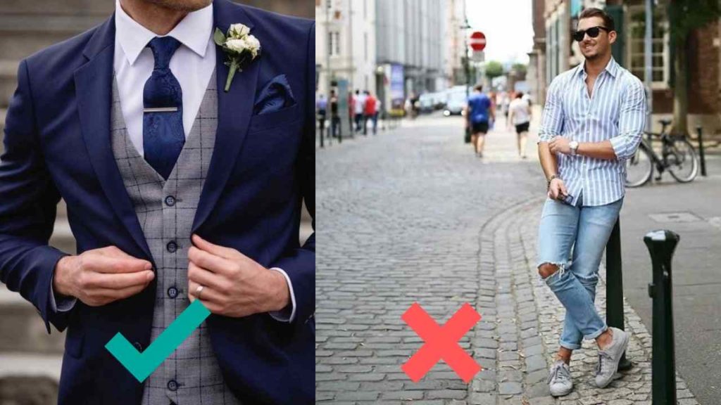 image showing two men wearing different outfit with tick on suit and cross on a casual outfit