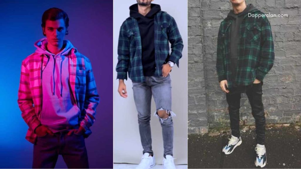 collage of three men wearing hoodies under a flannel shirt